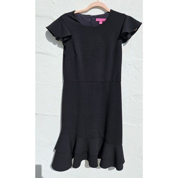 Betsey Johnson Womens Dress 2 Black Ruffle Layer Hem Flutter Sleeve Stretch Mini - Picture 1 of 11